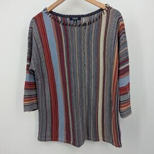 Chaps Denim Striped Boatneck Knit Top Medium 3/4 Sleeve Whipstitch Trim
